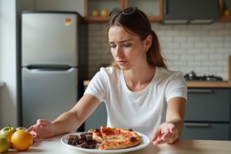 Femme pensant à la nourriture gourmande dans une cuisine moderne