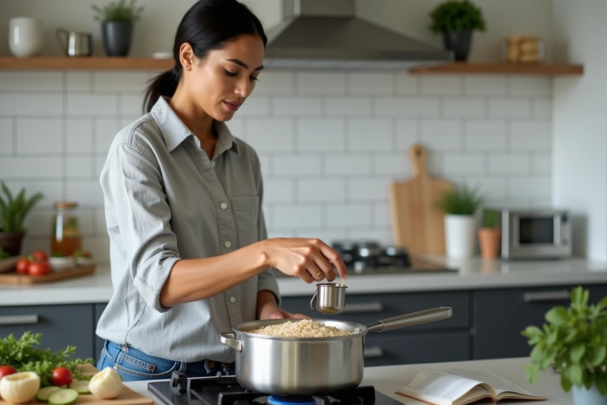 Femme préparant du riz complet dans une cuisine moderne, mesurant les grains pour un repas équilibré contrôlant la glycémie