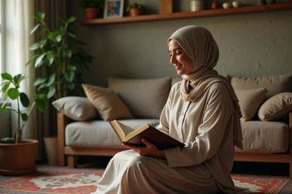 Femme modeste récitant le Quran dans un salon chaleureux