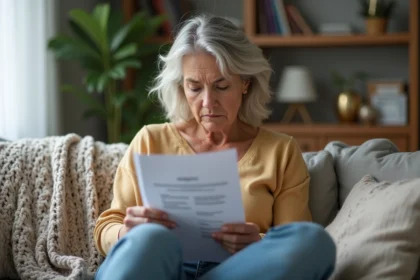 Femme assise sur un canapé consulte un dépliant médical