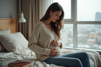 Femme assise pensivement sur son lit dans une chambre chaleureuse