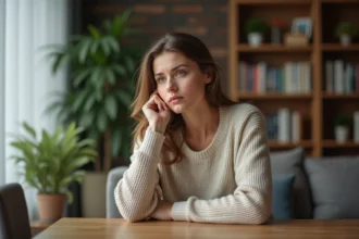 Femme réfléchie assise dans un salon cosy avec livres et plantes