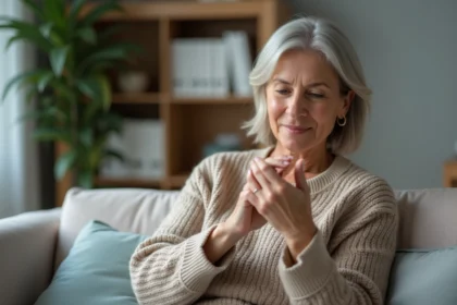 Femme d'âge moyen examine sa paume dans un cadre domestique