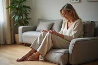 Femme détendue pressant son pied dans un salon cosy