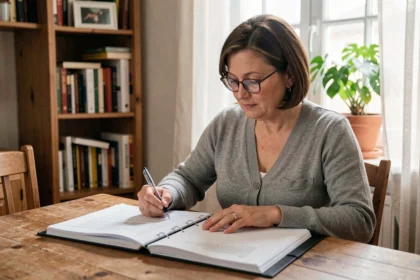 Femme remplissant un dossier MDPH à domicile sur une table en bois