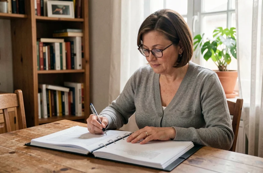 Femme remplissant un dossier MDPH à domicile sur une table en bois