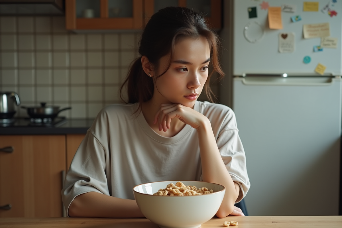 Jeune femme pensant à son bol de céréales dans la cuisine
