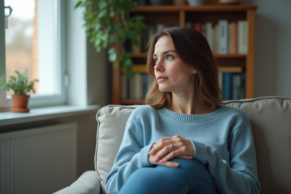 Femme en sweater bleu regardant par la fenêtre dans un salon