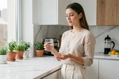 Femme intégrant un complément Floravia dans sa routine matinale dans une cuisine moderne lumineuse