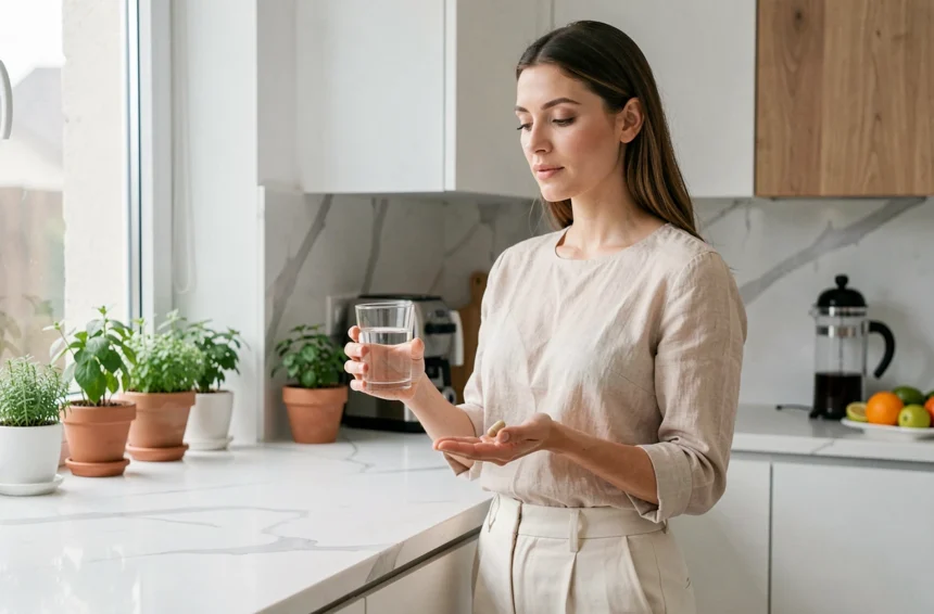 Femme intégrant un complément Floravia dans sa routine matinale dans une cuisine moderne lumineuse