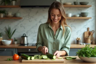 Femme souriante préparant une salade de courgettes fraîches