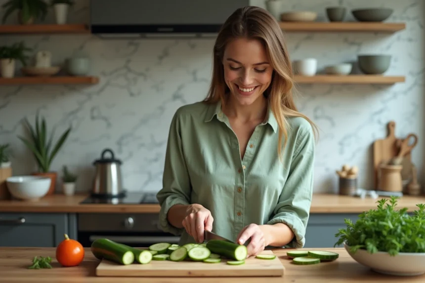 Femme souriante préparant une salade de courgettes fraîches