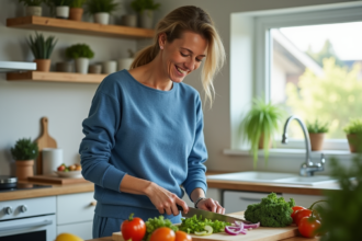 Femme préparant une salade dans une cuisine lumineuse