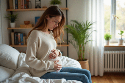 Femme assise sur son lit en pensant à son ventre