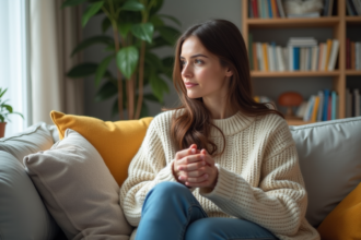 Femme assise sur un canapé dans un salon lumineux