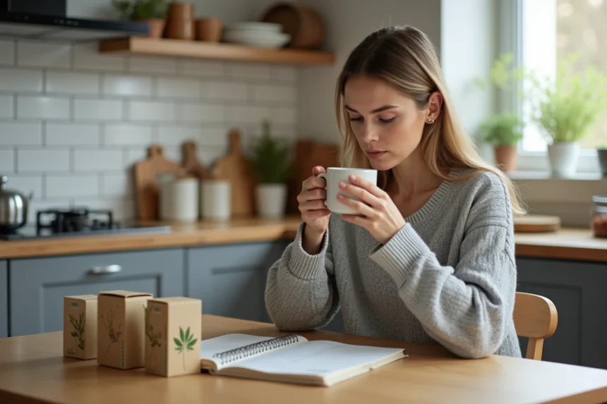 Femme tenant une tasse de tisane dans une cuisine moderne, consultante son journal de santé digestive au quotidien