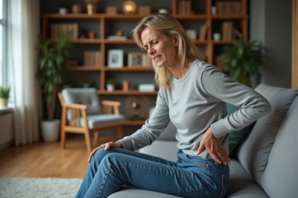 Femme assise sur un canapé avec douleur au dos