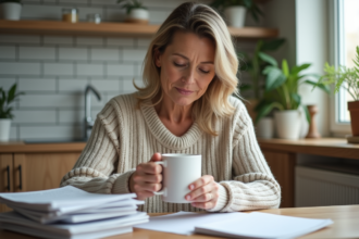 Femme d'âge moyen tenant une tasse dans une cuisine moderne