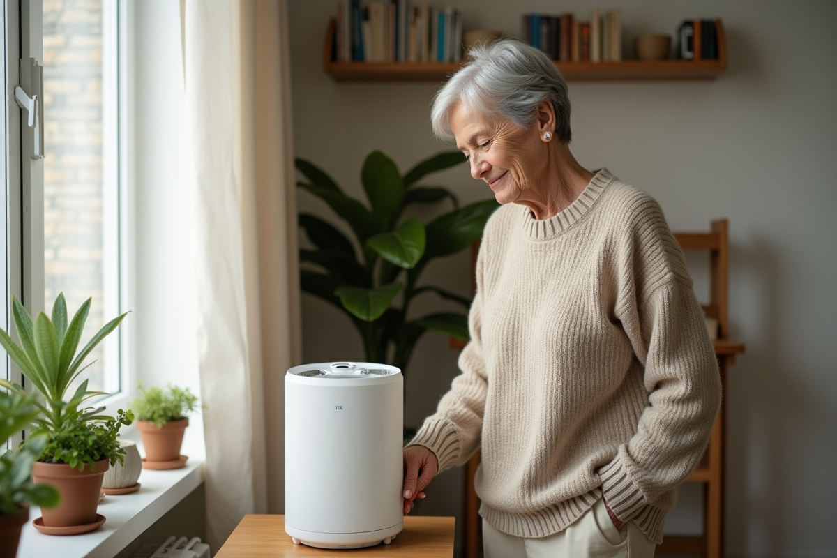 Femme âgée vérifiant l'humidificateur dans le salon