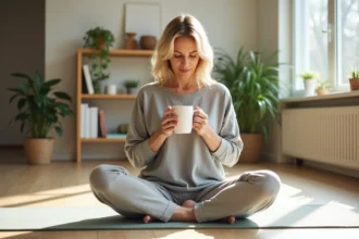 Femme sereine buvant une tisane digestive chez elle, dans une atmosphère apaisante propice au bien-être intestinal