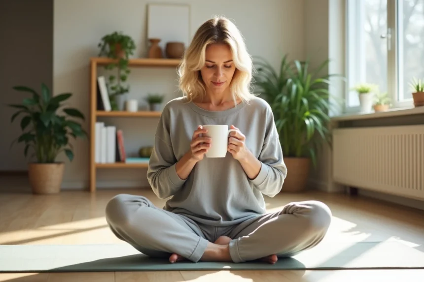 Femme sereine buvant une tisane digestive chez elle, dans une atmosphère apaisante propice au bien-être intestinal