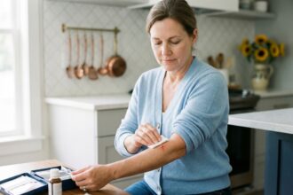 Femme soignant une blessure dans une cuisine moderne