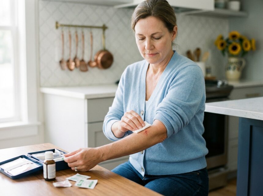 Femme soignant une blessure dans une cuisine moderne