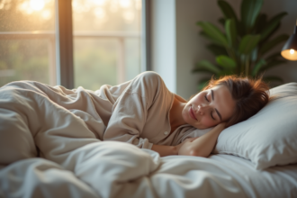 Femme d'âge moyen dormant paisiblement en pyjama dans une chambre moderne