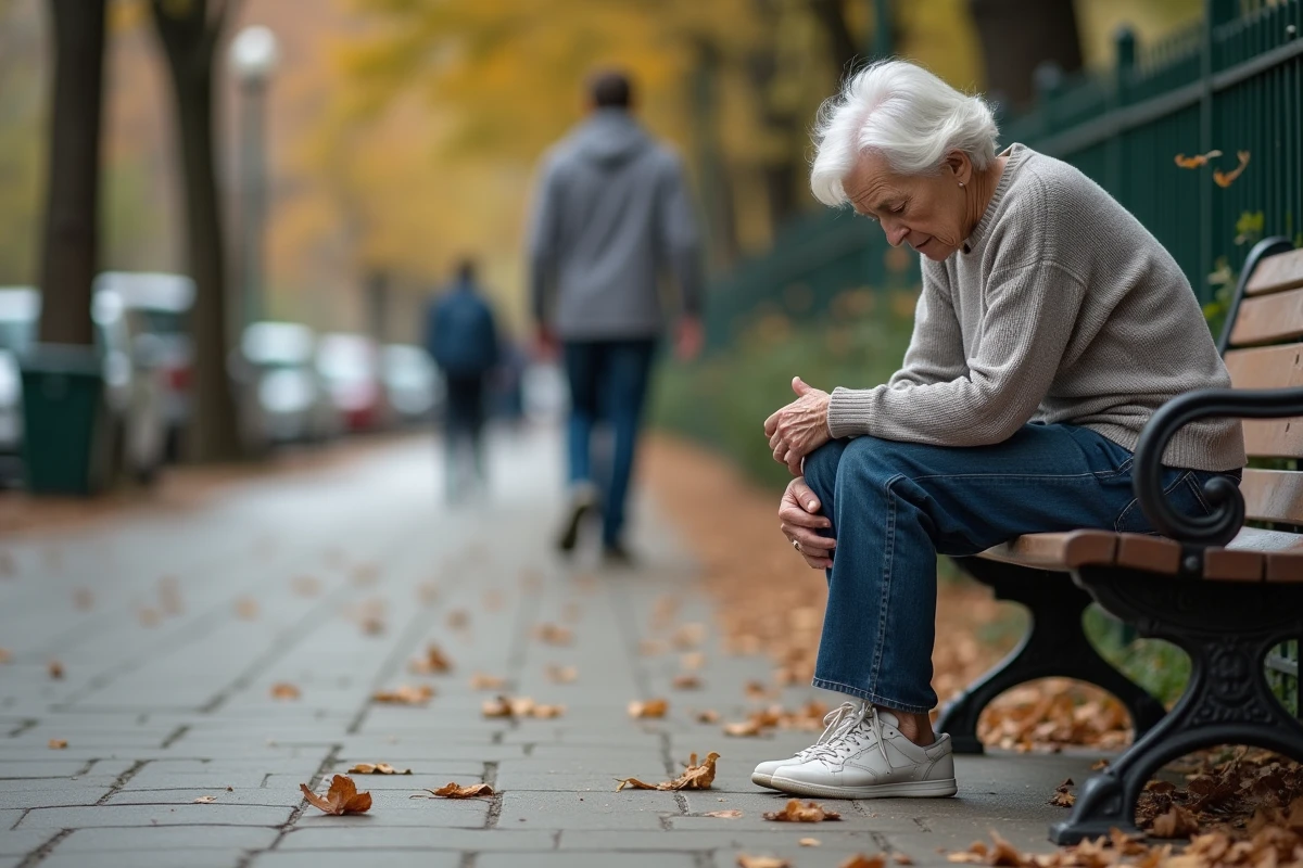 Femme âgée assise sur un banc de parc en ville en difficulté