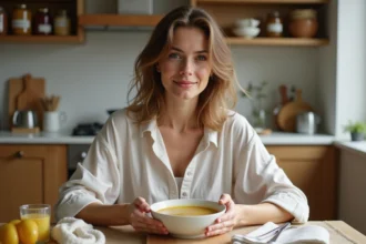 Femme souriante dégustant une soupe maison dans la cuisine