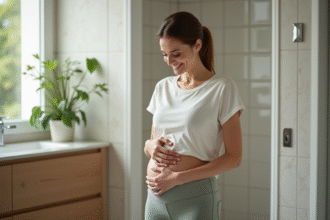 Femme souriante touchant son ventre dans une salle de bain lumineuse