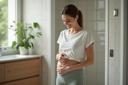 Femme souriante touchant son ventre dans une salle de bain lumineuse