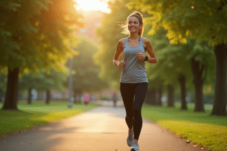 Jeune femme en tenue de sport dans un parc vert au matin
