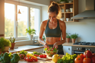 Femme sportive préparant une salade colorée dans une cuisine lumineuse