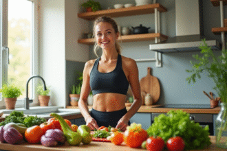 Femme sportive en cuisine préparant une salade saine