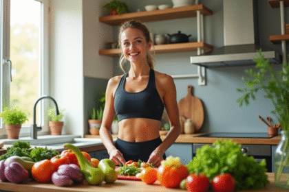 Femme sportive en cuisine préparant une salade saine