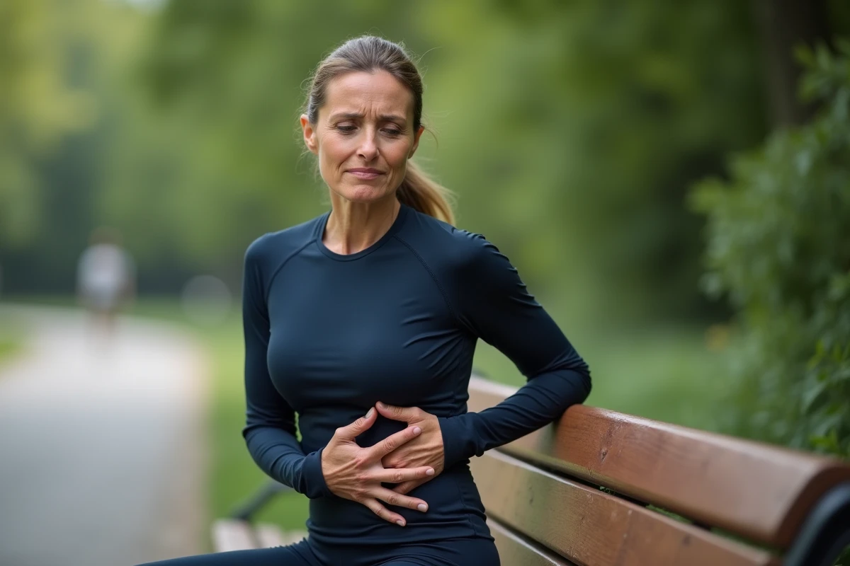 Femme sportive assise sur un banc dans un parc tenant son côté gauche en raison d'une douleur intercostale après l'effort