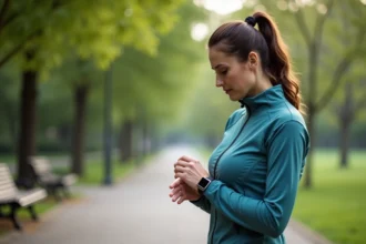 Femme d'âge moyen en tenue sportive regarde sa montre connectée