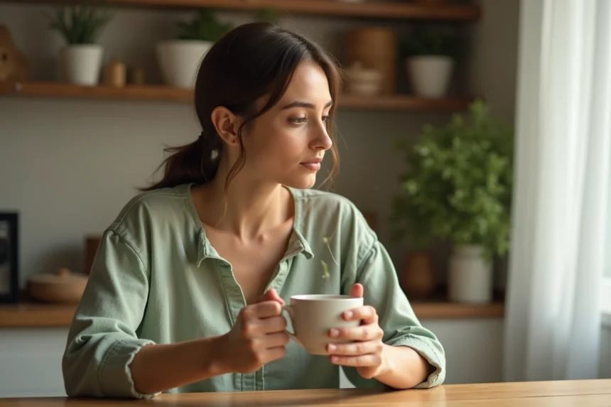 Femme tenant une tasse de thé détox en céramique dans une cuisine naturelle et chaleureuse, illustrant les promesses marketing des thés minceur comme Lulutox