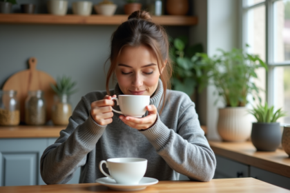 Femme sirotant une tisane dans une cuisine chaleureuse