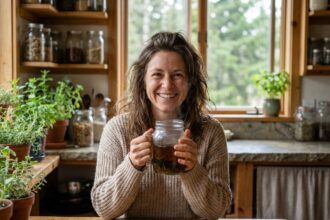 Femme souriante avec thé aux herbes dans la cuisine