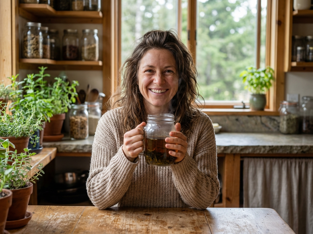 Femme souriante avec thé aux herbes dans la cuisine