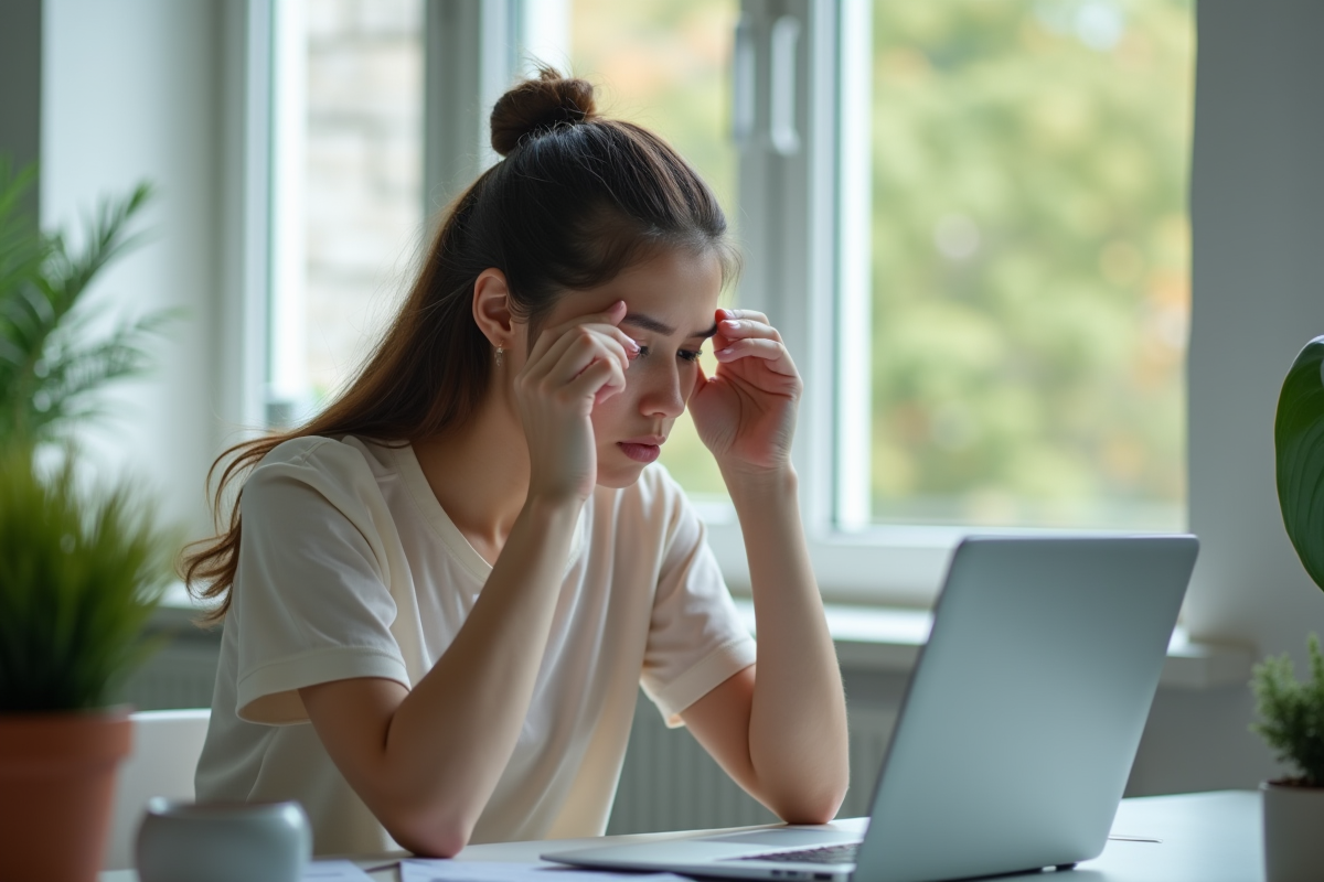 Jeune femme au bureau se frottant les yeux fatigués