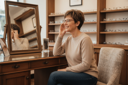 Femme d'âge moyen essayant des lunettes dans une boutique chaleureuse