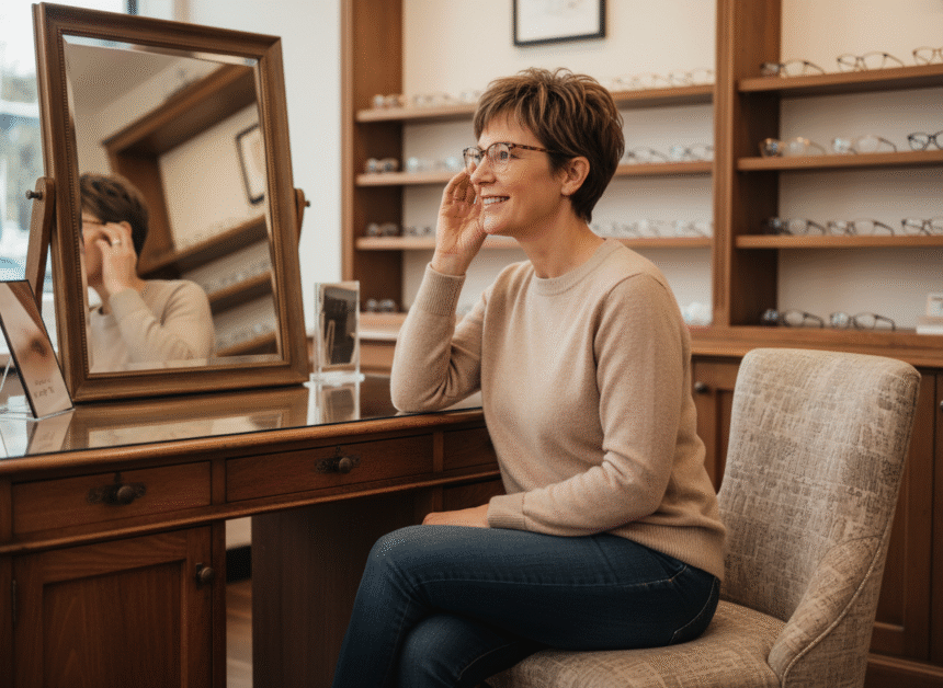Femme d'âge moyen essayant des lunettes dans une boutique chaleureuse