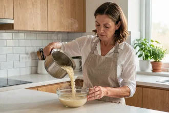 Femme versant l'eau de cuisson du riz à travers une passoire dans un bol en verre dans une cuisine moderne