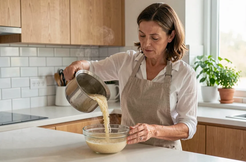 Femme versant l'eau de cuisson du riz à travers une passoire dans un bol en verre dans une cuisine moderne