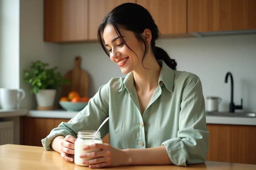 Femme tenant un yaourt Activia dans une cuisine moderne, illustrant les bienfaits digestifs au quotidien