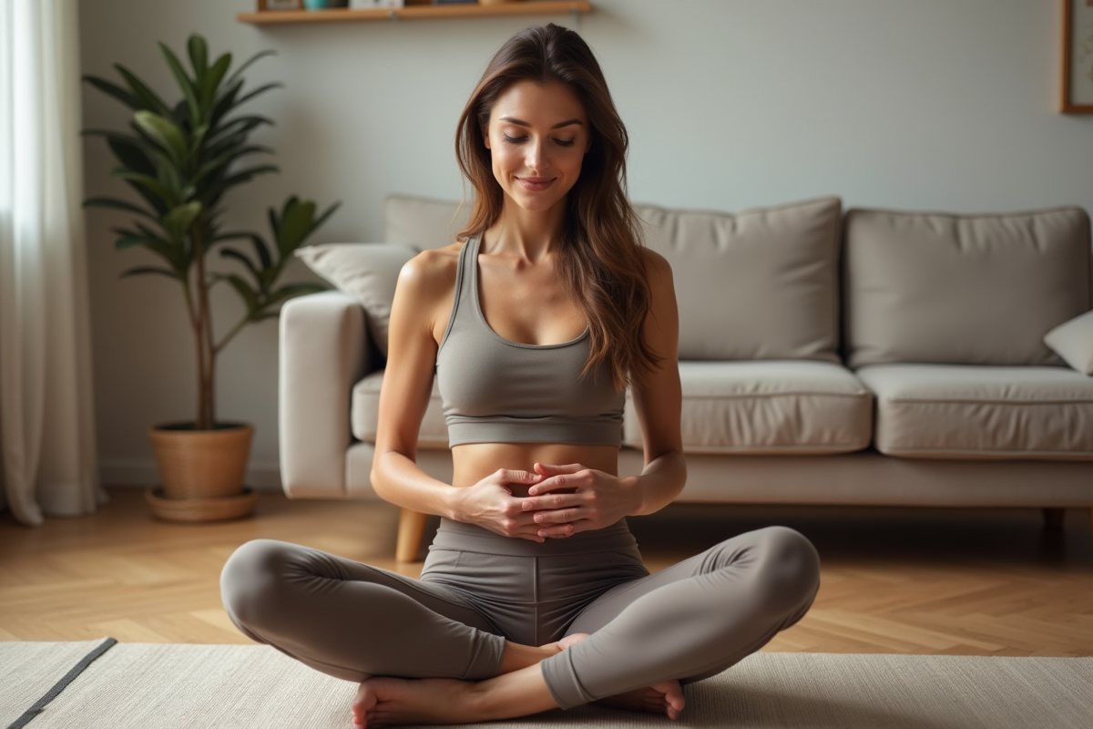 Femme en yoga appliquant une huile sur son ventre dans un salon cosy