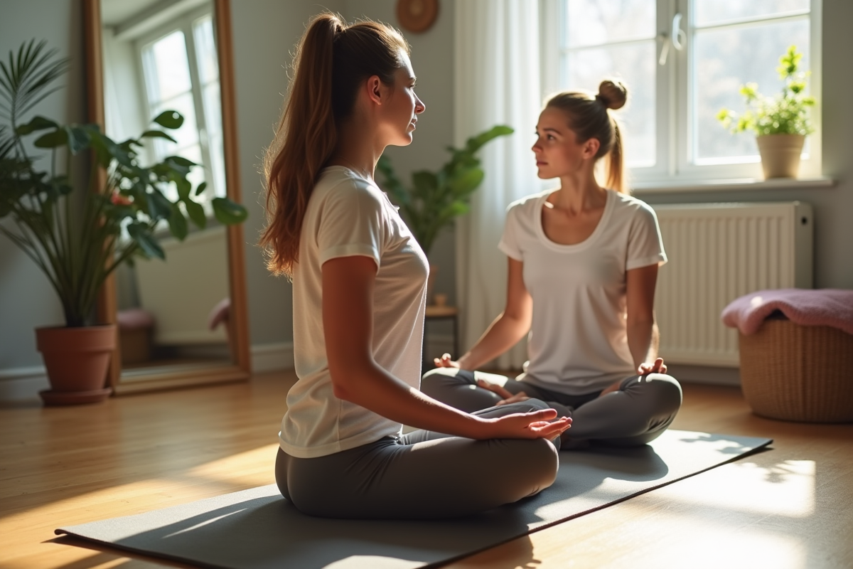 Femme en yoga contemplant son reflet dans un miroir lumineux